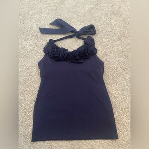 Ralph Lauren Black Label Navy  Halter Tank Top with Embossed Floral Rosettes